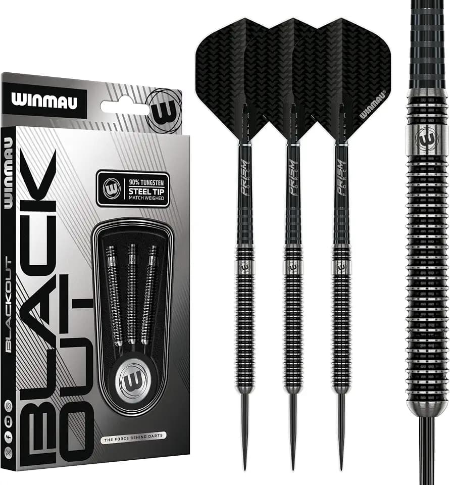 Winmau Blackout Series | 90% Tungsten Darts - Professional Darts Set with Dart Flights & Shafts | Available Dart Set in Parralel 21g, 22g,23g, 24g, 25g, 26g & 28g and Torpedo 23g, 24g, 25g & 26g
