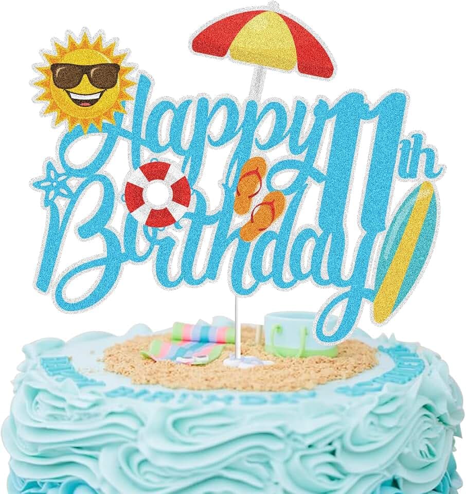 Summer Beach Happy 11th Birthday Cake Topper Blue Glitter Summer Pool Swimming Surfing 11 Eleven Years Old Party Decoration Summer Holiday Birthday Party Favor Supplies