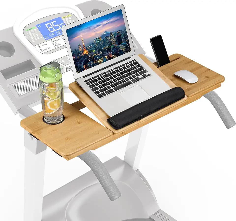 Relaxdays Laufband Schreibtischaufsatz, neigbar, Sicherungsbänder, Handy- & Getränkehalter, Bambus, Laptopständer, Natur