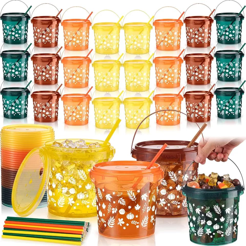 Funnymoom 24 Pack Fall Plastic Drink Buckets with Autumn Pattern