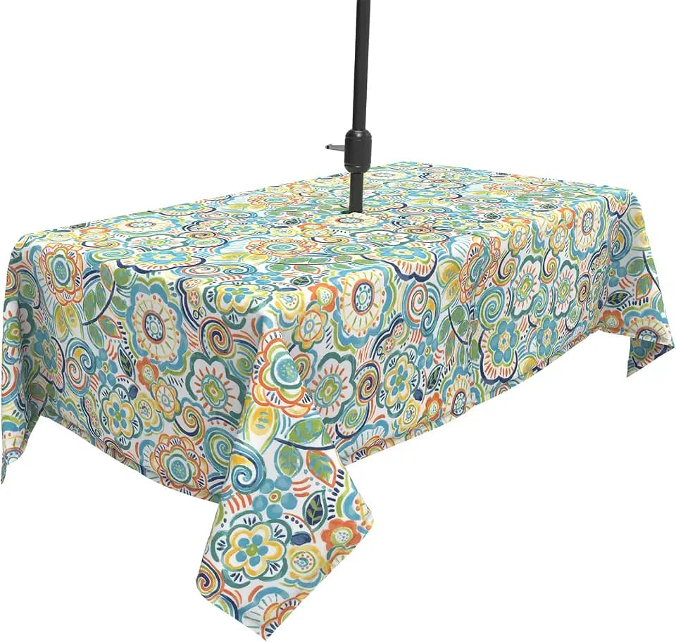 Outdoor Tablecloth 60x84 inch, Rectangle Table Cloth with Umbrella Hole and Zipper, Patio Table Covers for Spring, Summer, Party, Backyard, Picnic, BBQs, Flower Blue