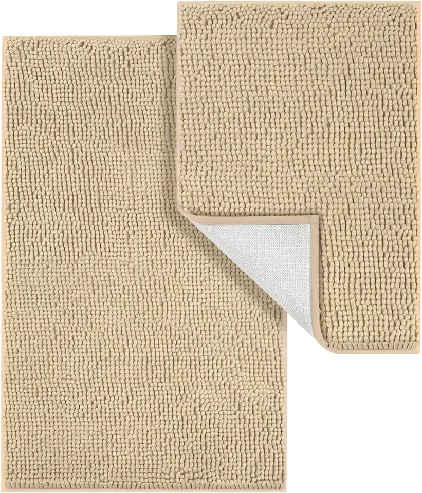 LINLA Bathroom Rugs Sets 2 Piece, Absorbent Soft Chenille Bath Mat, Beige