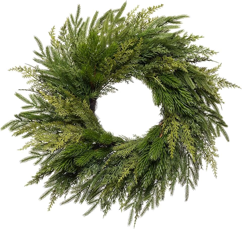 Somikis 24 Inch Christmas Wreaths for Front Door, Real Touch Norfolk Pine & Cedar Wreath for Winter Indoor & Outdoor Porch Windows Wall, Realistic Artificial Wreath Home Decor