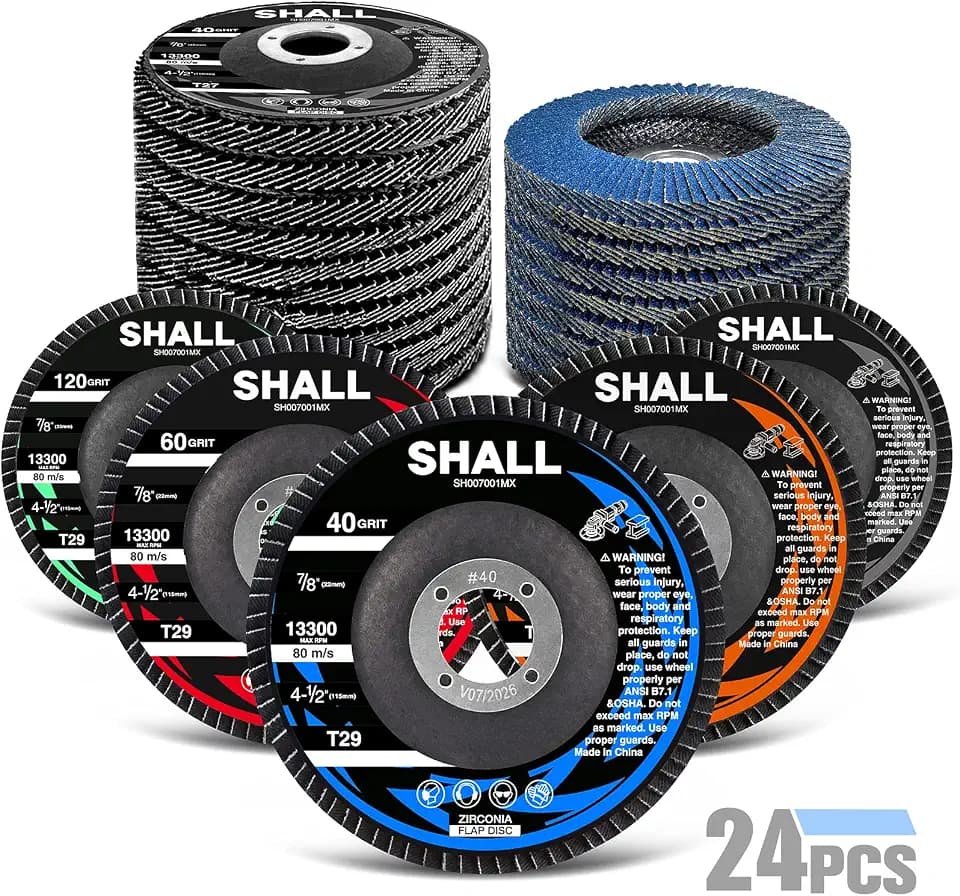 SHALL 24-Pack Flap Disc, 4-1/2" x 7/8", Zirconia Grinding Wheel 40/60/80/120 Grit T29 & 40 Grit T27 Angle Grinder Abrasive Sanding Disc with Etched Grit Number Indication, 80pcs Emery Cloth Per Disc