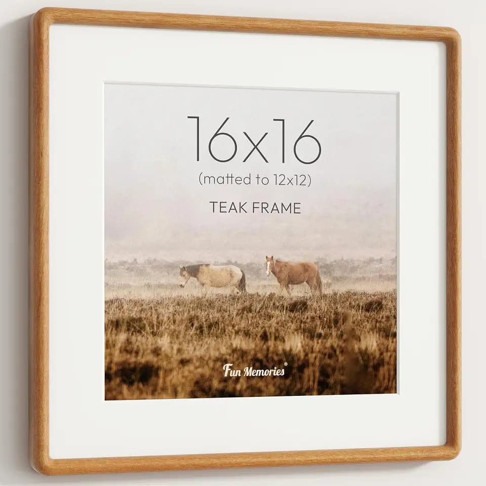 16x16 Picture Frame, Solid Teak Wood 16x16 Square Frame with HD Tempered Glass, USA-Sourced Hard Wood 16 by 16 Photo Frame for Wall Display, 16"x16" Picture Frame Matted to 12x12, Natural Teak Color
