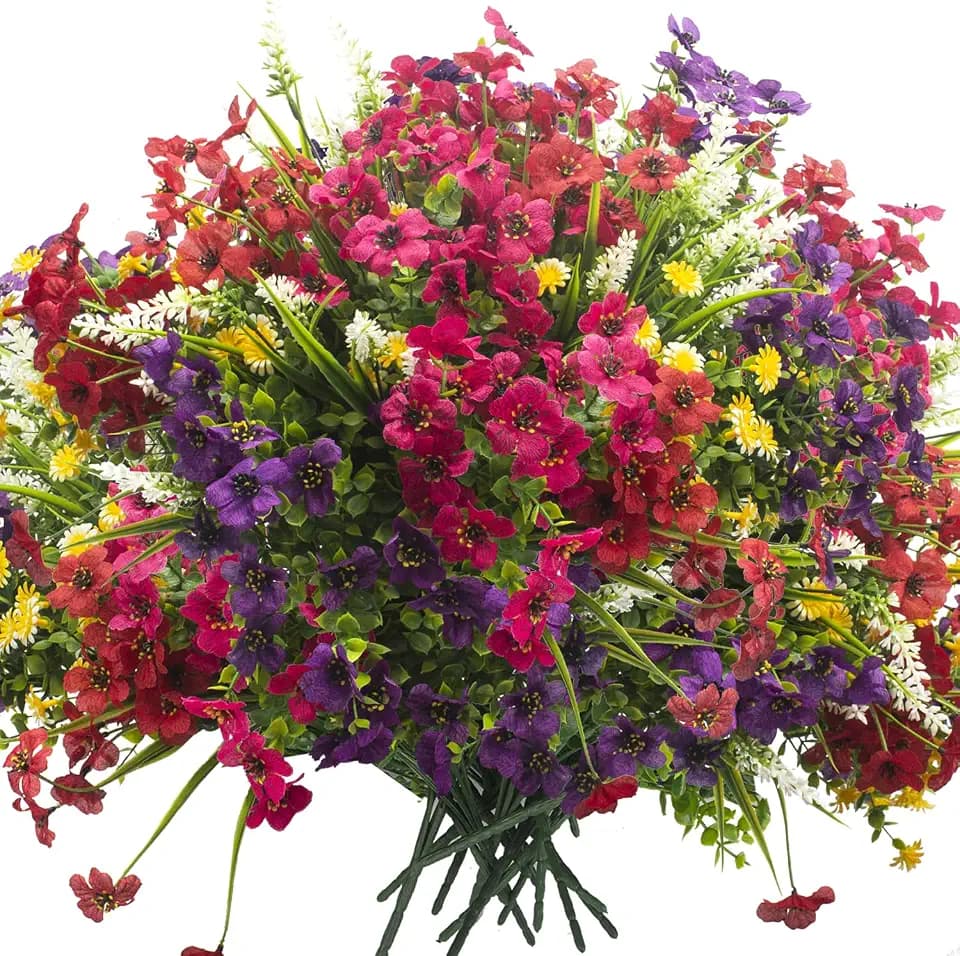 Grunyia 20 Bundles Artificial Flowers Outdoor No Fade UV Resistant Fake Plastic Flowers Faux Plants for Garden Patio Porch Window Box Home Wedding Farmhouse Hanging Décor