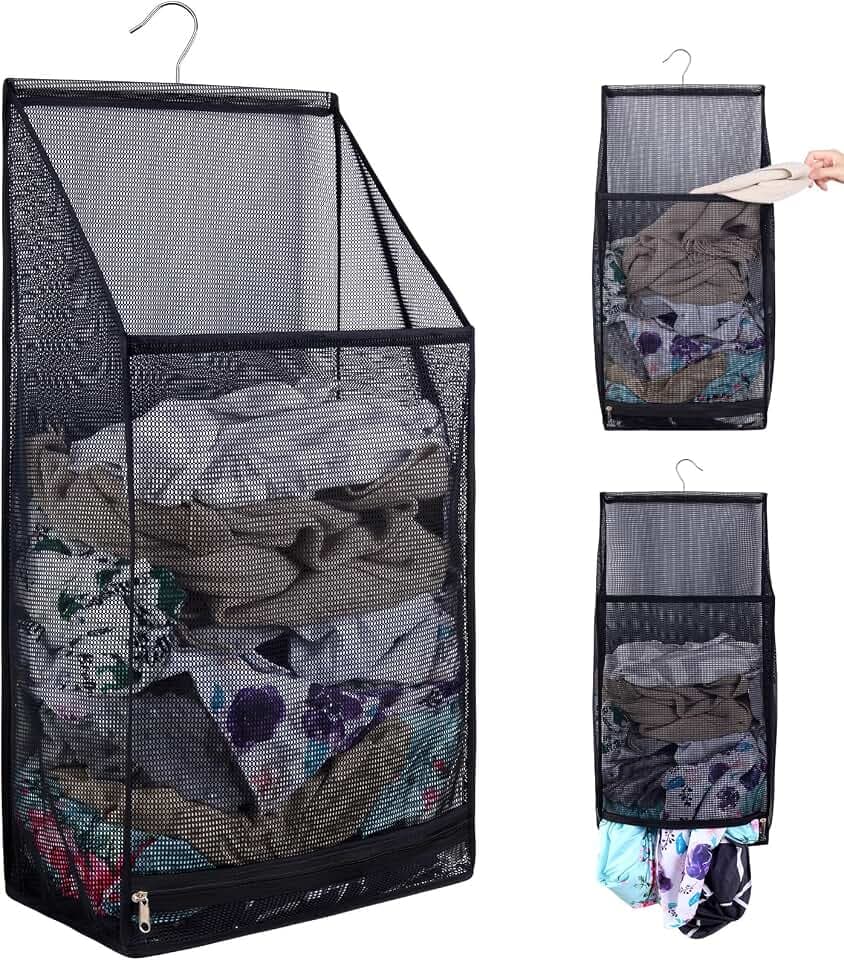 Hanging Collapsible Breathable Mesh laundry bags,Fast Drying Portable Space Saving Laundry Hamper for dorm,Rv Laundry Hamper Storage (Black)