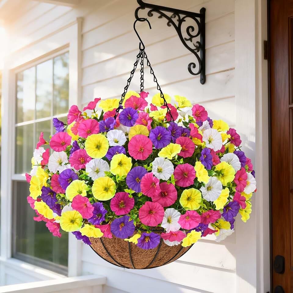 Elyum 2 Pack Artificial Hanging Flowers for Outdoors, Fake Flowers Artificial Petunias Hanging Baskets for Outdoors, UV Resistant Fake Hanging Plants Flowers for Outside Garden Patio Porch Decor