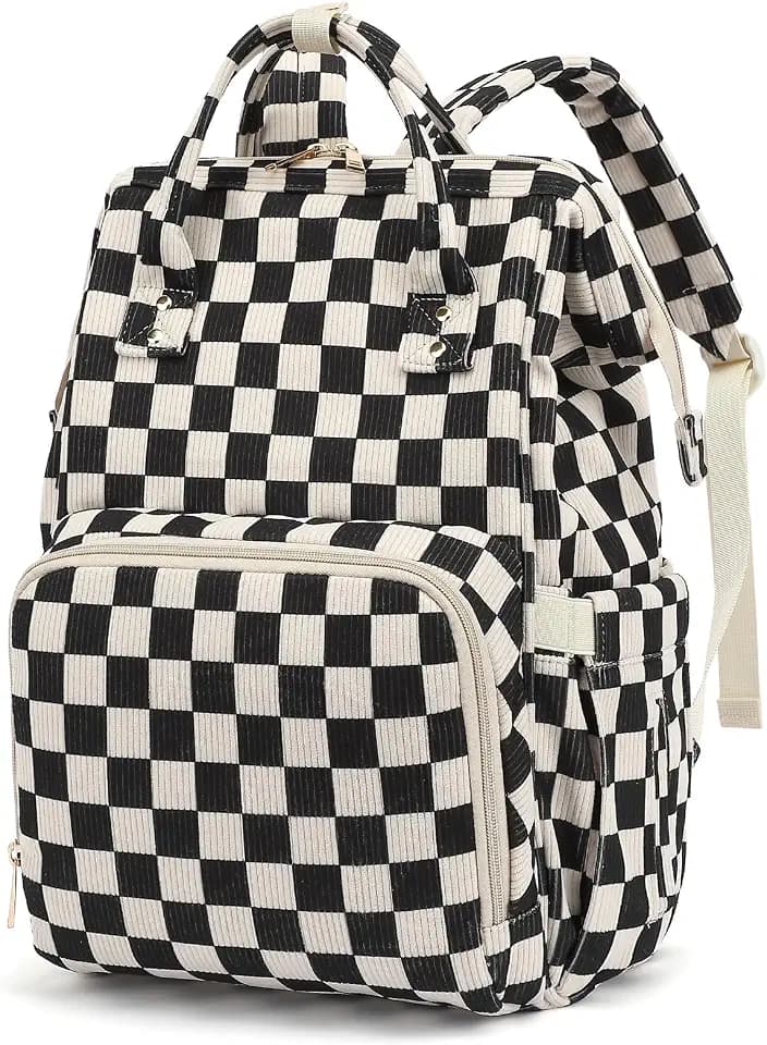 Baby Diaper Bag Backpack for Mom, Large Capacity Travel Nappy Bag for Boys & Girls with Stroller Straps (Corduroy Checkered Black)