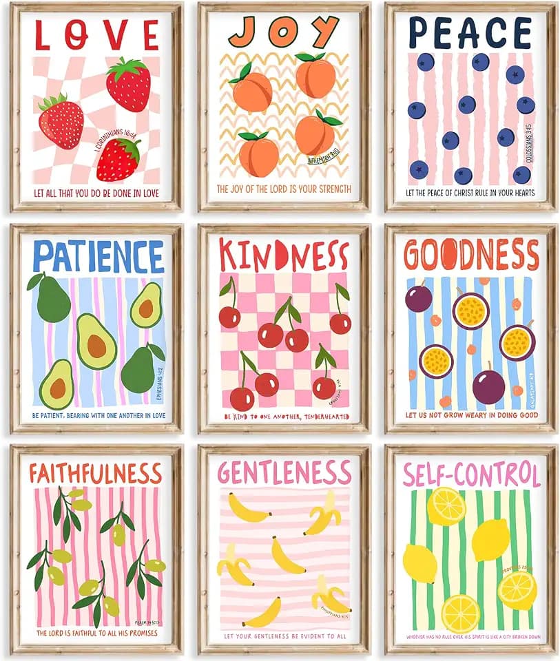 Fruit of the Spirit Wall Art Christian Bible Verse Canvas Wall Decor Inspirational Religious Quote Poster Prints Artwork Painting for Classroom School Nursery Kids Bedroom 12x16 In Unframed Set of 9
