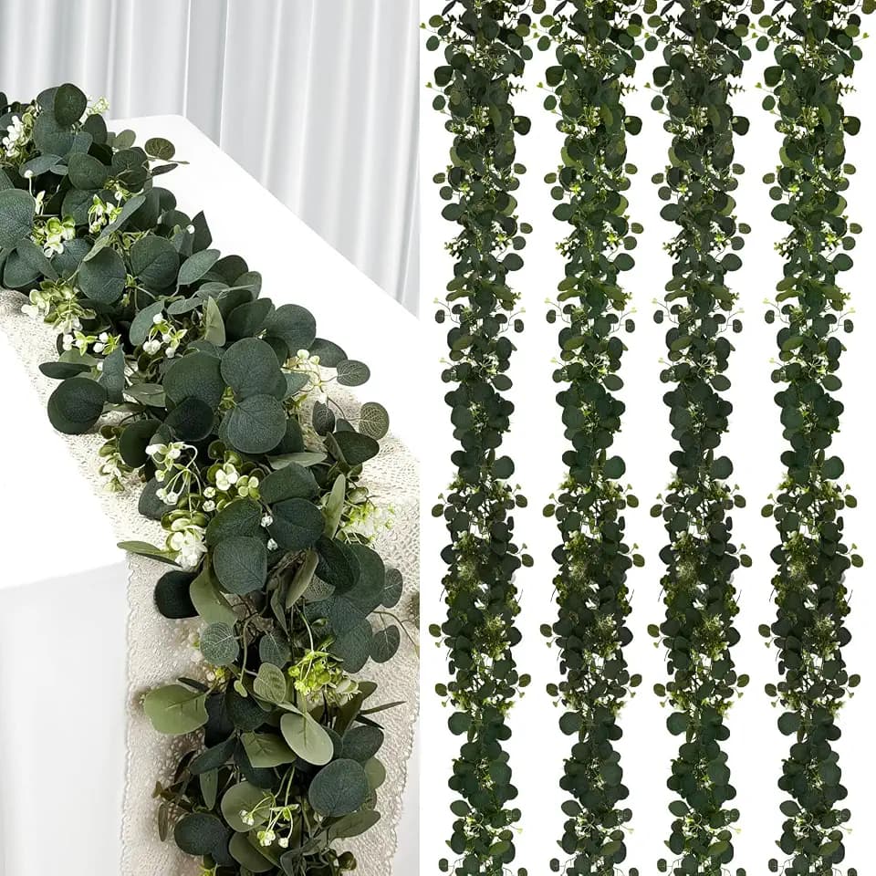 YIJXPOIN Eucalyptus Garland, 8 Packs 6FT Green Flower Garland Decor, Artificial Faux Eucalyptus Leaves Greenery Vines for Table Runner Wedding Bedroom Mantle Centerpieces Backdrop Decorations