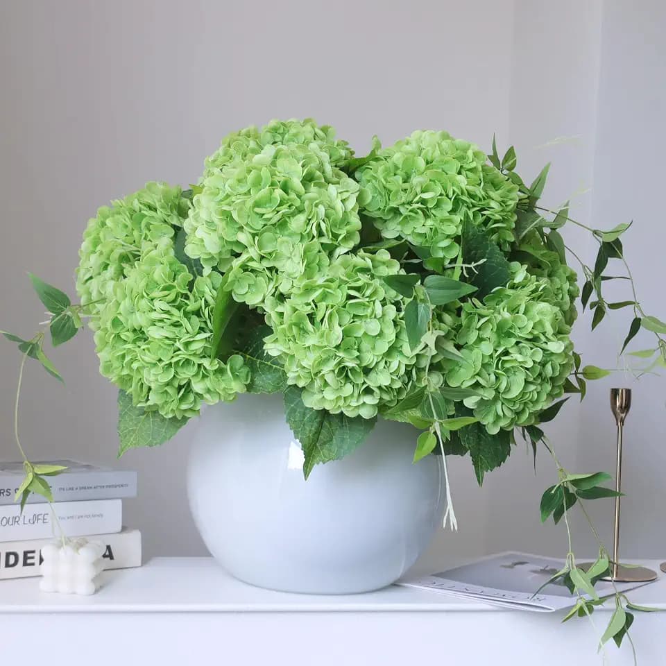 Dark Green Hydrangea Artificial Flowers, 4Pcs Artificial Hydrangeas