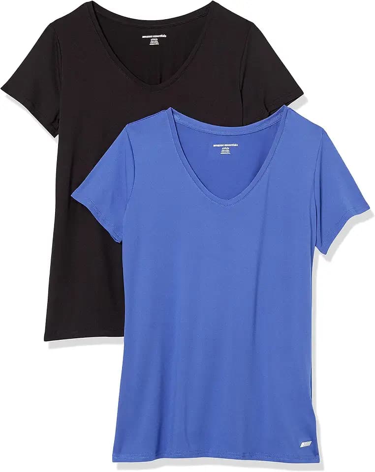 Amazon Essentials Women's Active Quick Dry Tech Stretch Short-Sleeve V-Neck T-Shirt, Moisture-Wicking, Pack of 2