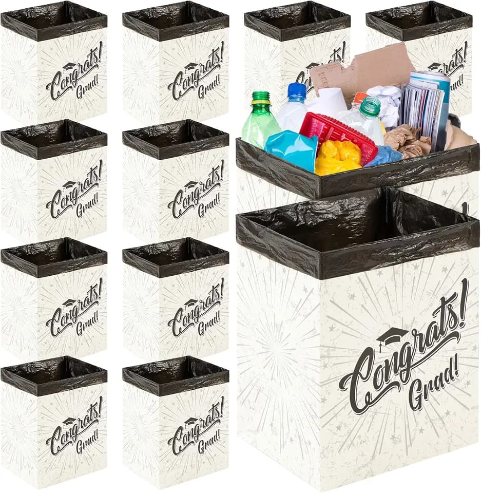 12 Pcs Graduation 13 Gallon Disposable Trash Cans Graduation Trash Bins with 15 Pcs Garbage Bag 1 Roll Double Sided Tape Congrats Grad Garbage Can Class of 2026 Party Supplies
