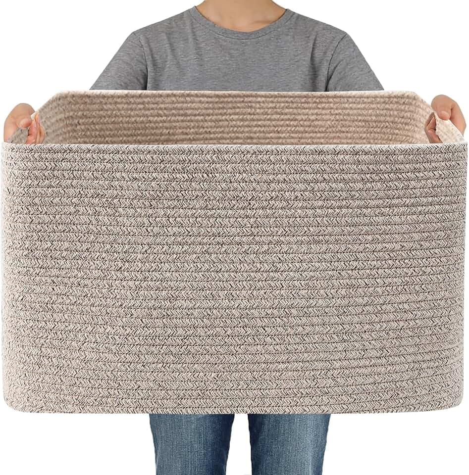 JMvicyroam 65L Large Woven Cotton Rope Blanket Basket, Oatmeal