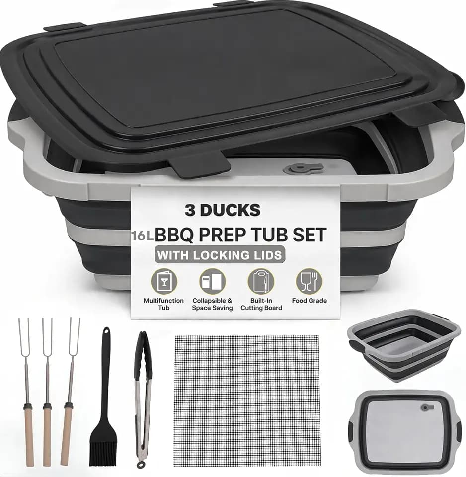 Collapsible BBQ Prep Tub 16L Black | Portable Meat Marinating Container with Locking Cutting Board Lid, BBQ Tongs, Grill Mesh, Silicone Brush & 3 Roasting Sticks for Camping & Outdoor Grilling