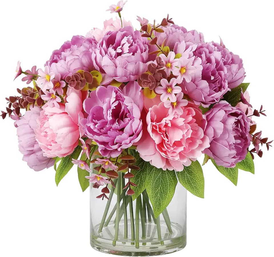 17-Piece Mixed Silk Peony Bouquet in Glass Vase with Faux Water, Real Touch Artificial Flowers for Wedding Centerpieces, Home Table Decor, and Event Decorations (Pink & Purple)