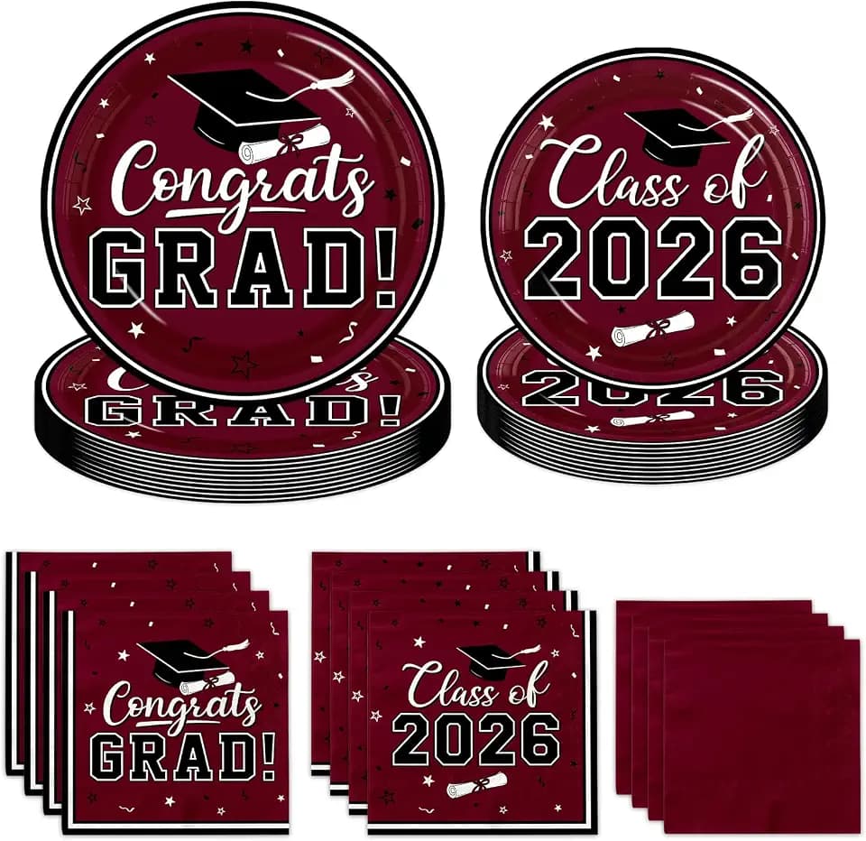 Graduation Party Plates and Napkins,Congrats Grad Party Supplies Class of 2026 Theme Tableware Decoration for College High School Congrats Grad Favors Serve 50(Wine Red)