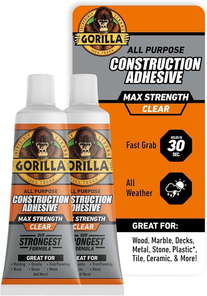 Gorilla Max Strength Construction Adhesive, Clear Glue, 2.5 oz, 2-Pack