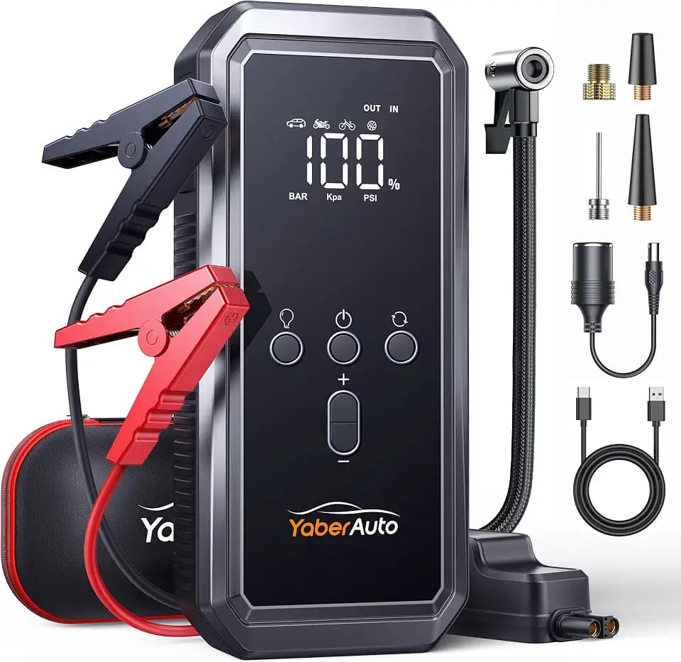 5000A Auto Starthilfe, YaberAuto Starthilfe Powerbank mit 150PSI Kompressor, 21,800mAh Powerbank mit 300 Lumen Notlicht, 4 in 1 Powerbank als Starthilfe mit LCD Bildschirm, YA70