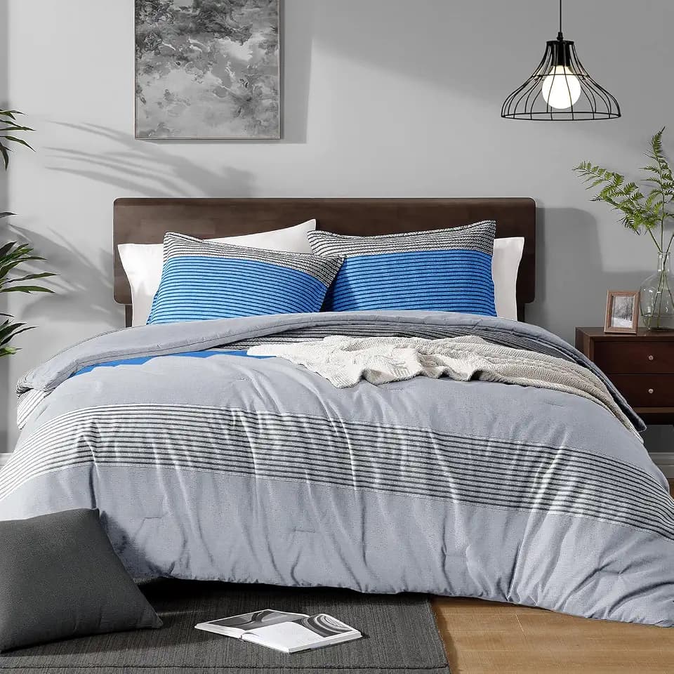 Andency King Comforter Set, 3 PCS Gray Blue Striped Set