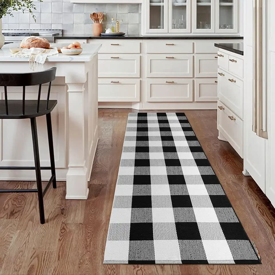 Buffalo Plaid Rug 2'x6' Black White Outdoor Mat Checkered Carpet