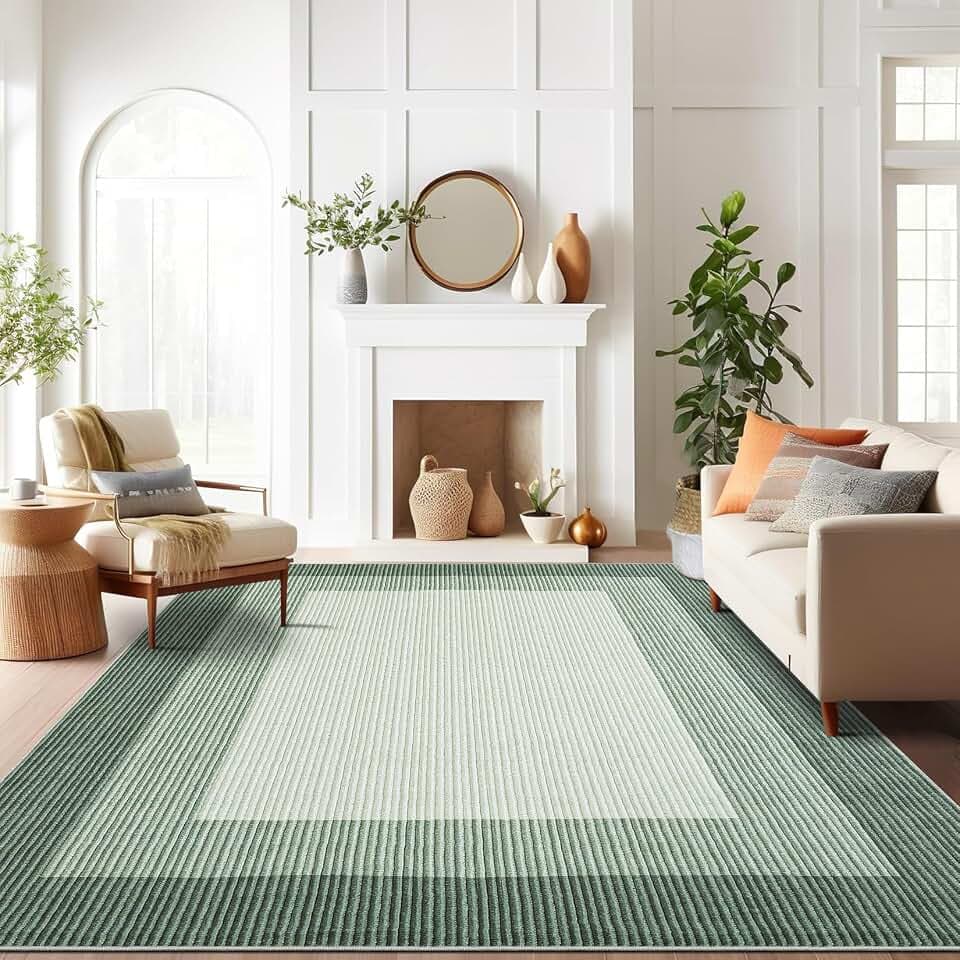 GarveeHome Washable 8x10 Rugs for Living Room Neutral Green Rugs for Bedroom Stain-Resistant Contemporary Border Large Rug Non-Slip Low Pile Farmhouse Rug for Under Dining Room Table Office,Green
