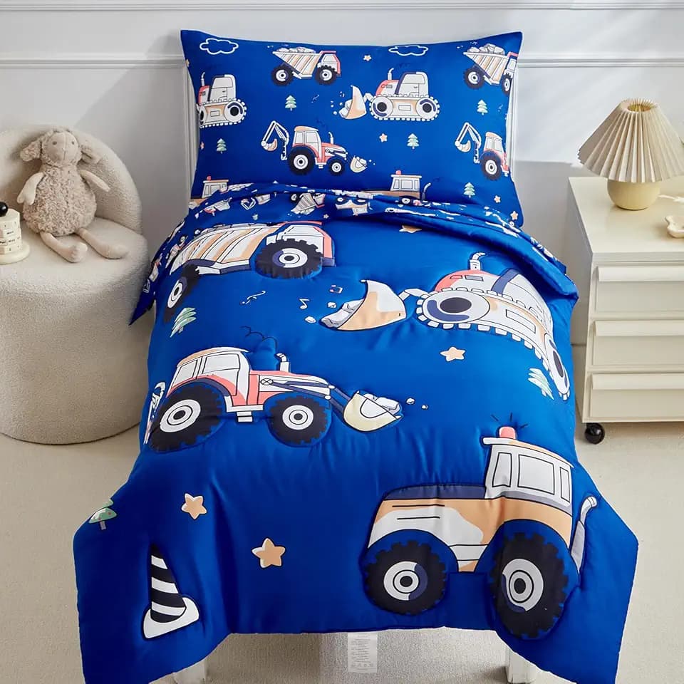 Construction Toddler Bedding Set for Boys,4 Pieces Blue Toddler Comforter Set,Truck Vehicles Excavator Cars Printed,Soft Crib Bed Sheets Set Includes Comforter,Flat Sheet,Fitted Sheet and Pillowcase