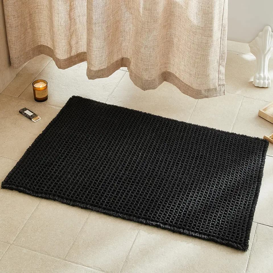 TYUU Black Waffle Bath Mat, Boho Bathroom Rugs Non Slip Washable, 36x24