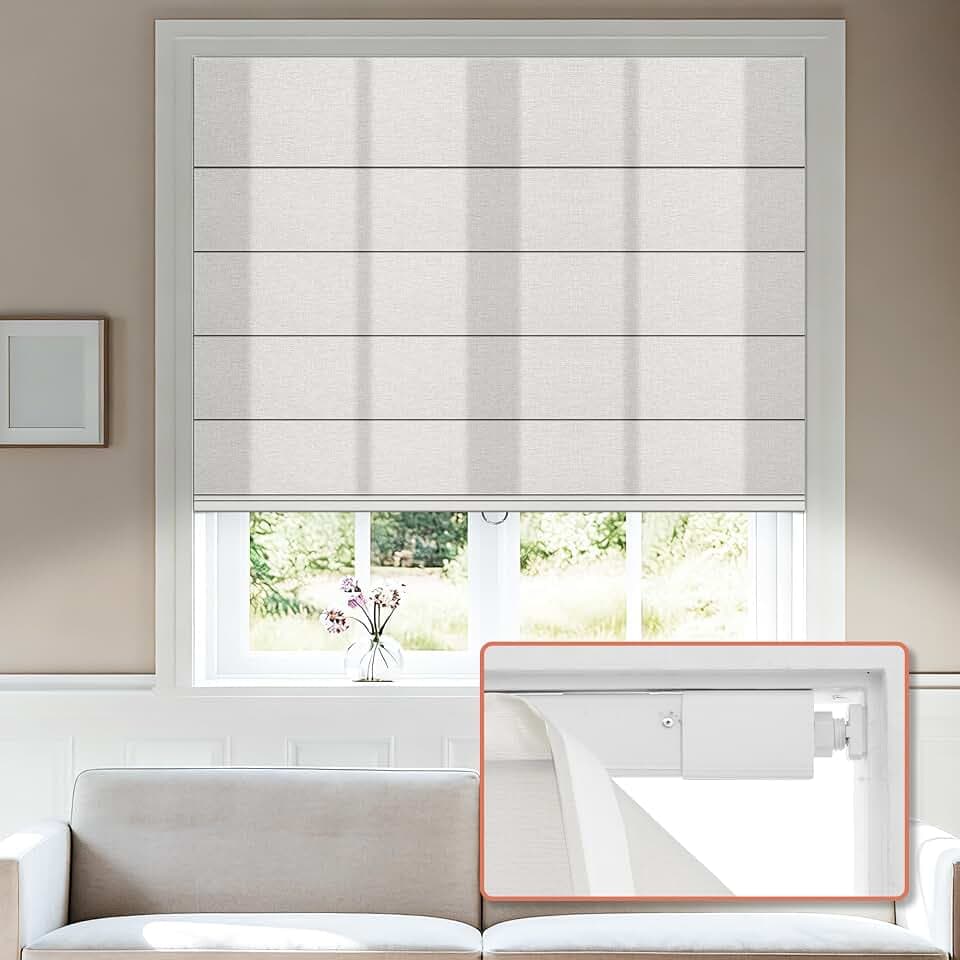 No Tools No Drill Light Filtering Roman Shades, White, 26"W × 48"H