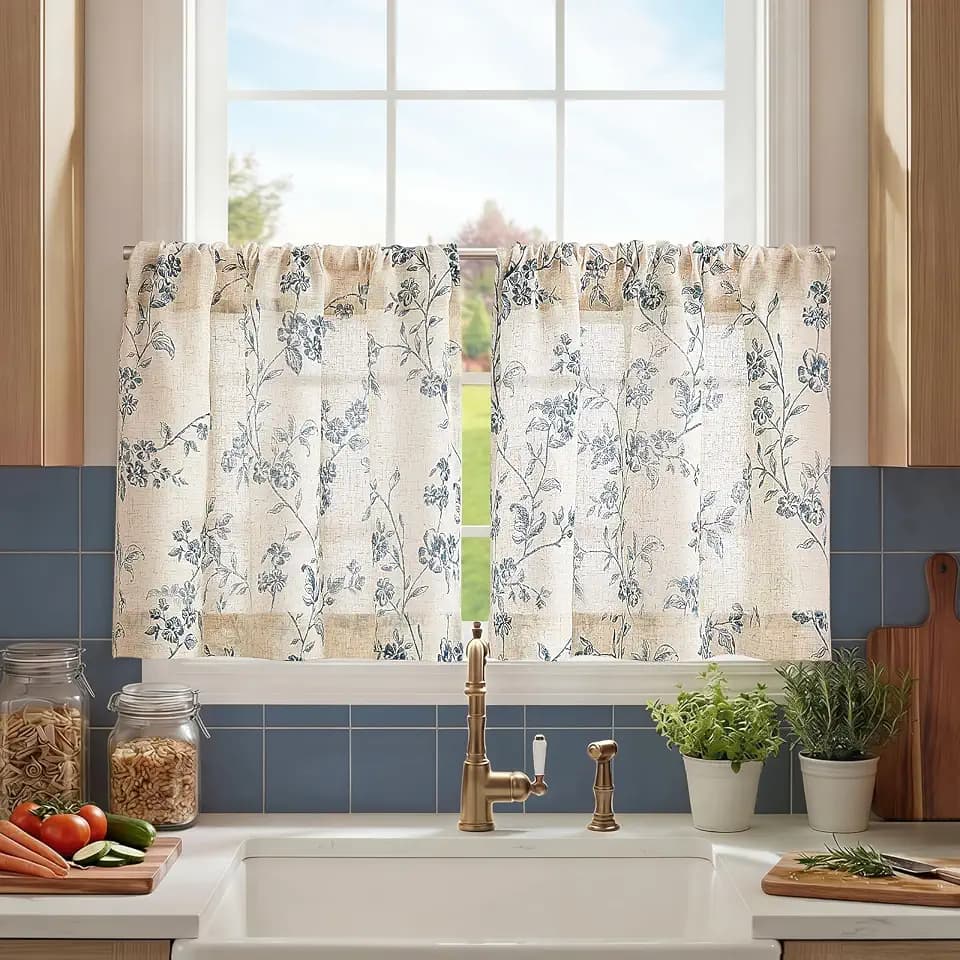 jinchan Floral Linen Kitchen Tier Curtains, 20 Inch, 2 Panels, Blue