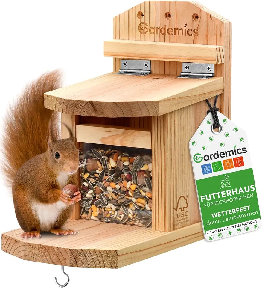 Gardemics Eichhörnchen Futterhaus wetterfest aus Holz mit Belüftungslöchern