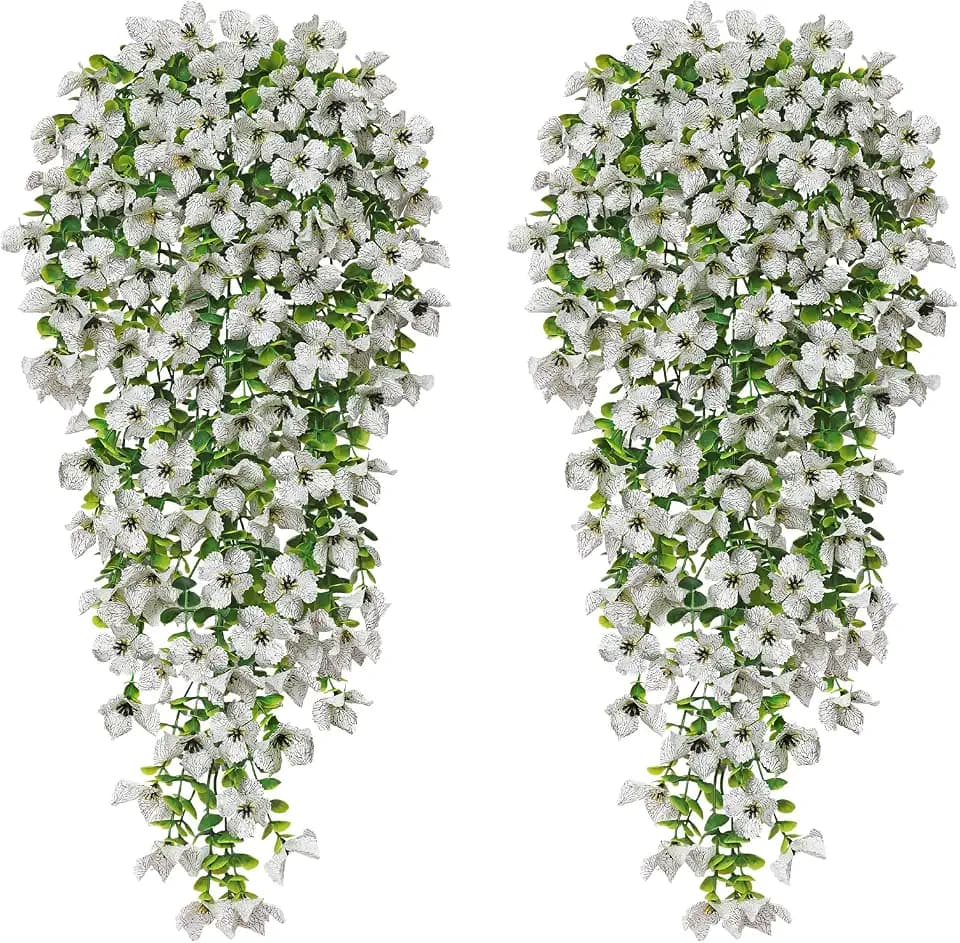 Betylifoy Artificial Hanging Flowers for Outdoors Summer Decor 2PCS Fake Hanging Plants UV Resistant Faux Silk Violet Flowers White Greenery Trailing Vines for Indoor Outside Garden Porch Decor