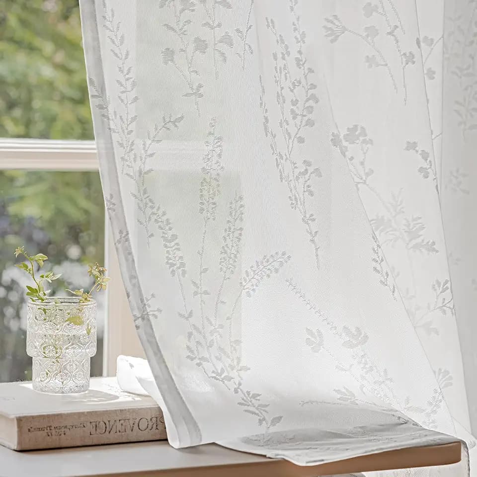 Anmao White Semi Sheer Light Filtering Short Curtains 45 Inches Long 2 Panels, Flower Pattern Drapes for Living Room Bedroom, Rod Pocket Sheer Window Treatments with Floral Design, 52x45 Inch