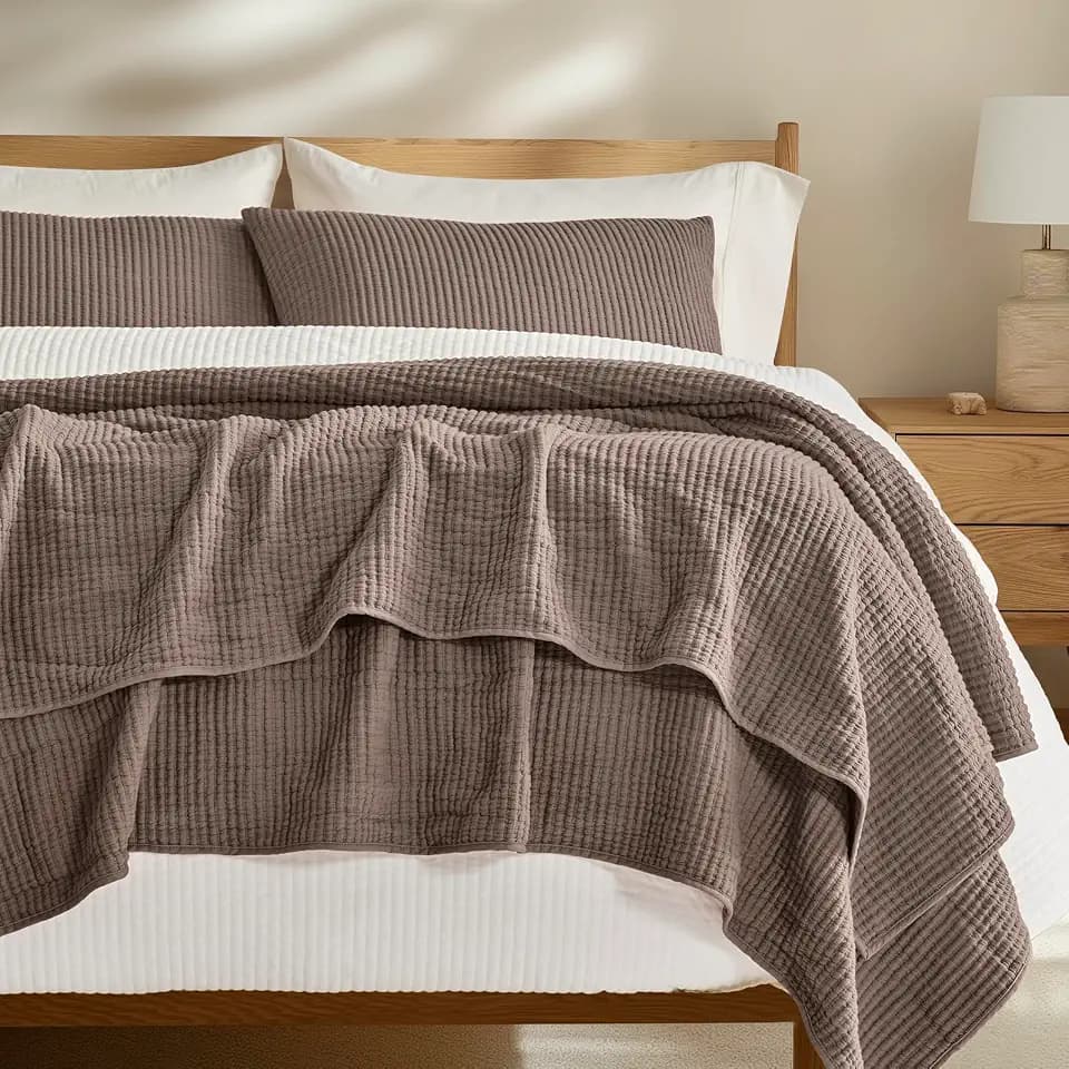 EVERGRACEHOME Cotton Ribbed Matelassé Coverlet Set, Queen Size, Mocha Brown