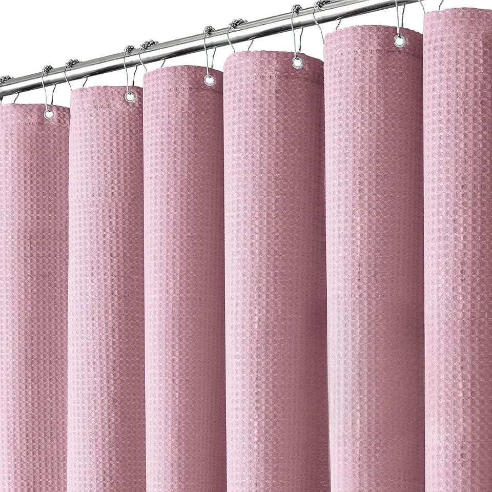 Inhousolu Fabric Shower Curtain, Waffle Weave 230 GSM Polyester, Weighted Hem, Metal Hooks Included, Water Repellent Washable, 72 x 72 Inch, Pink