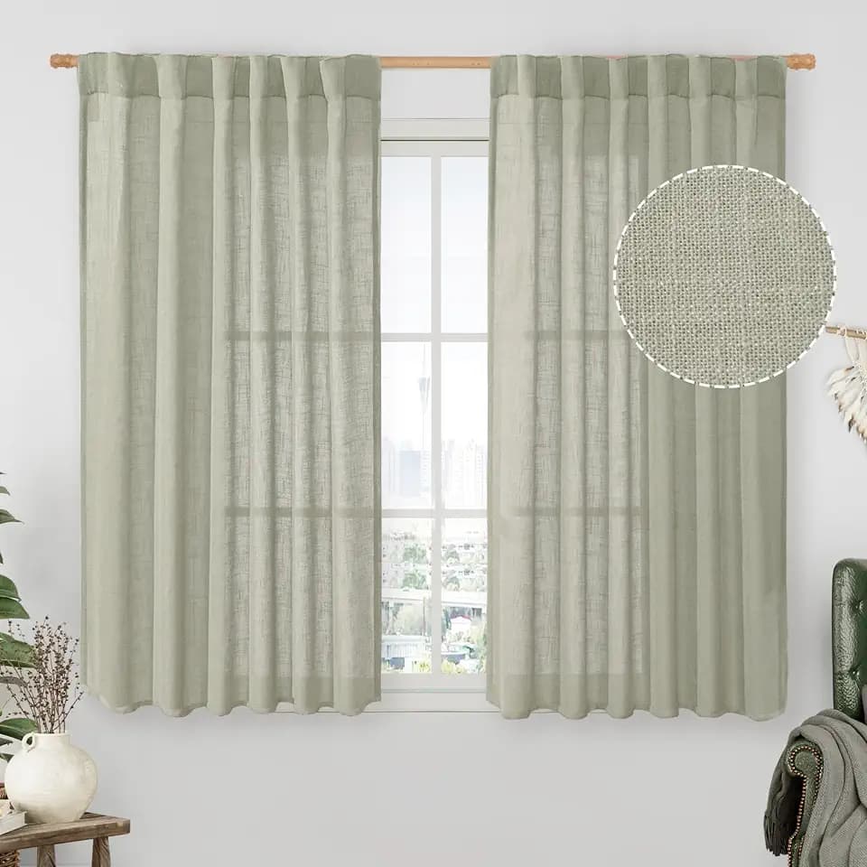 LAMIT Sage Grey Semi Sheer Linen Curtains 45 Inches Long 2 Panels