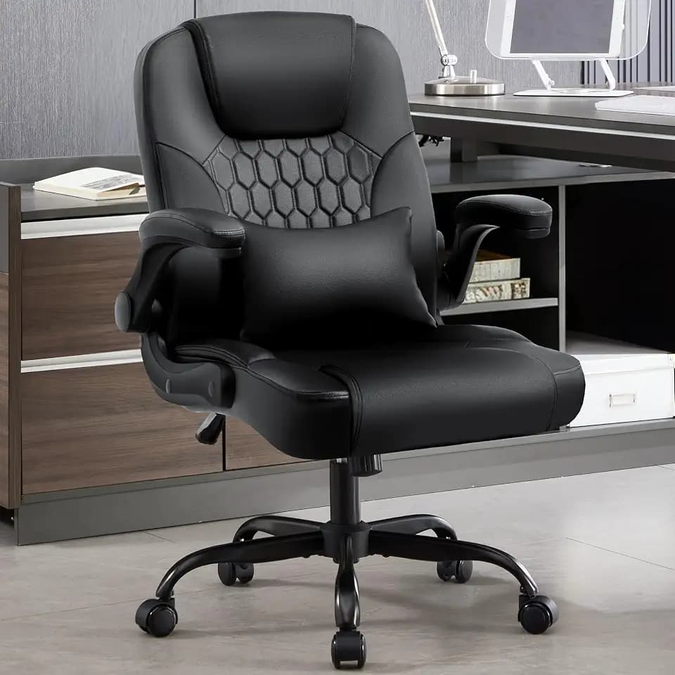 Leather Office Chair Swivel Lumbar Support for Short People Black