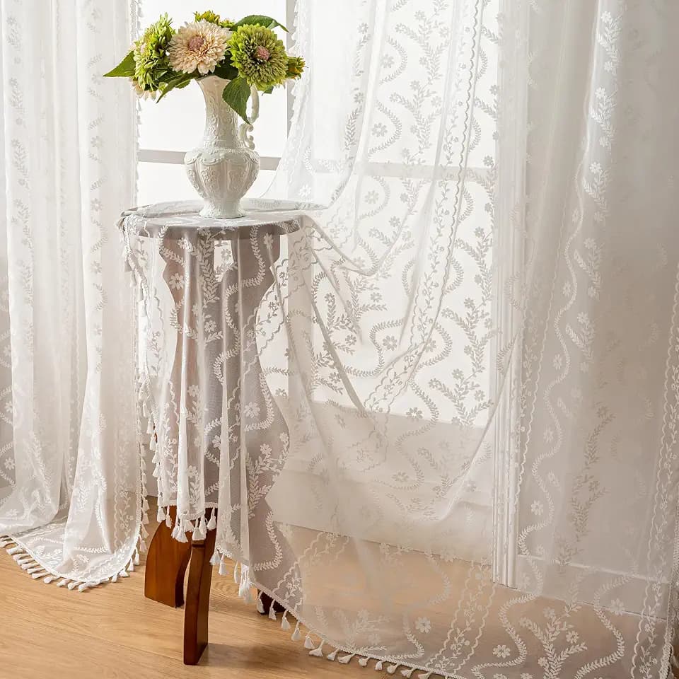 WAZZIO White Boho Lace Curtains 96 Inch -Cute Vintage Victorian Sheer Panel Drape French Country Floral Pattern & Tassel Light Filtering Privacy for Bedroom Dining Living Room,2 Panels,W52 x 96L