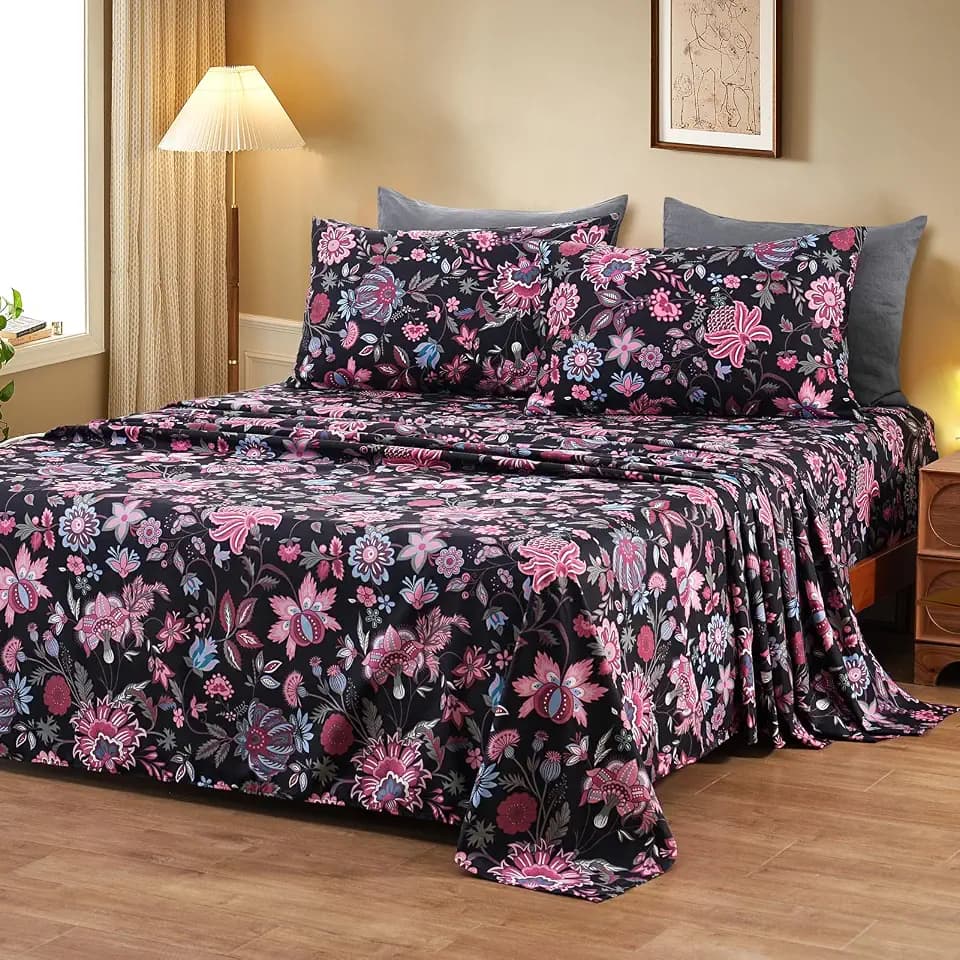 Bedlifes Floral Pattern Bed Sheet Set King Size, 18-24" Extra Deep Pocket