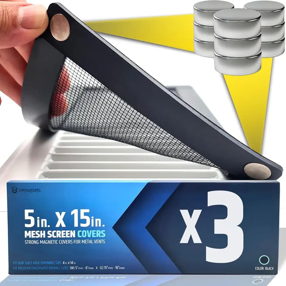 Powerful Magnetic Vent Screen Mesh Covers (3-Pack - New & Improved) - Will Never Move/Fall - for Floor, Wall & Ceiling Registers of Width 5" to 6", Length 15" to 16" - Strong Neodymium Magnets | Black