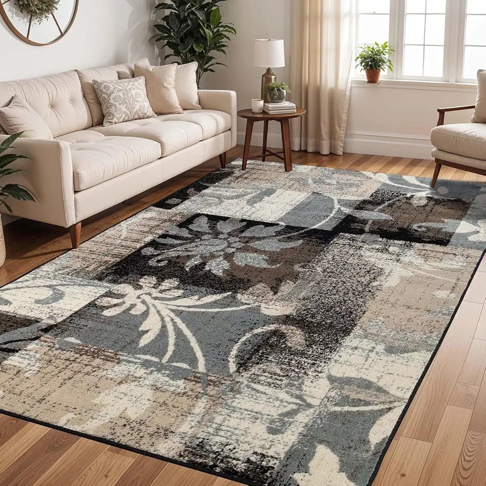 SUPERIOR Indoor Area Rug, Jute Backed, Perfect for Entryway, Office, Living/Dining Room, Bedroom, Kitchen, Floor, Modern Floral Patchwork Decor, Pastiche Collection, 10' x 14', Beige