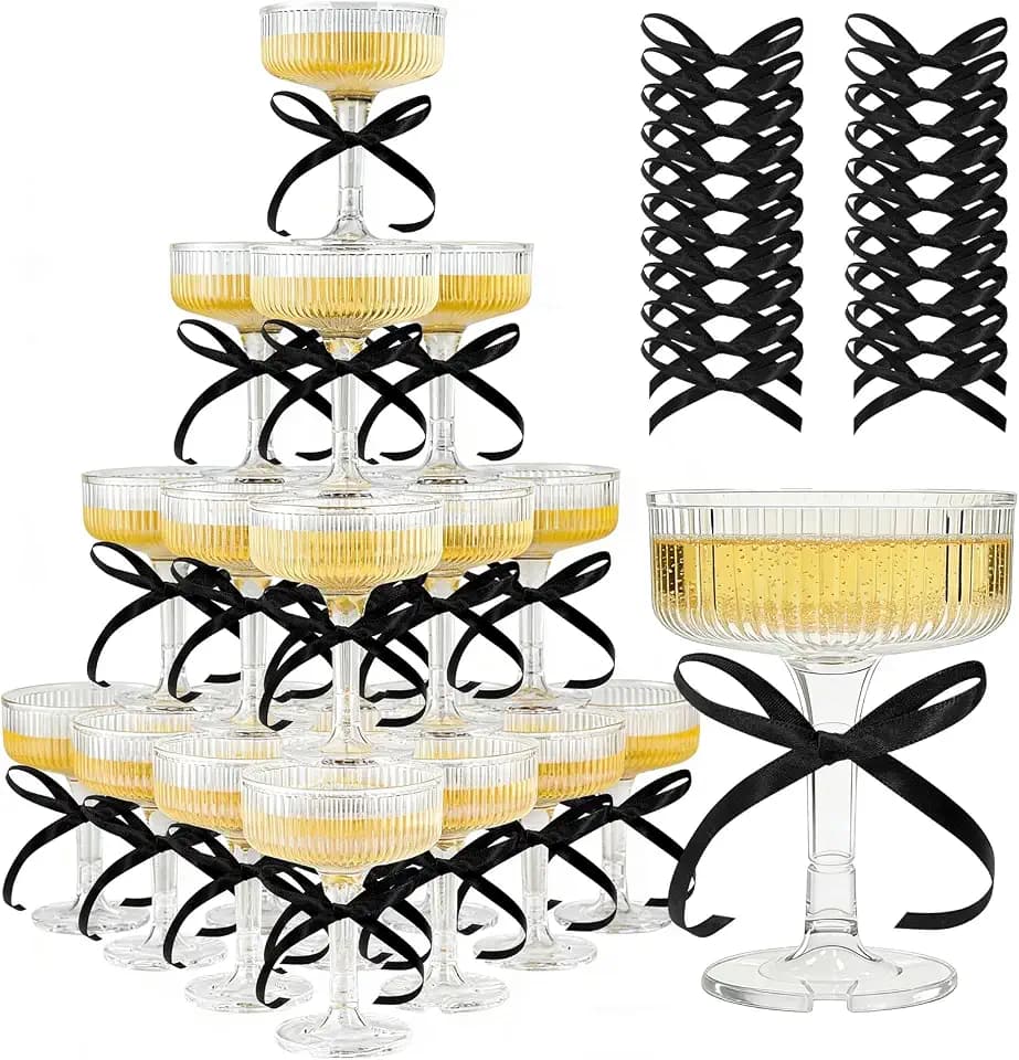 ACRYLIC Champagne Tower Set - 20 Pack 7oz Shatterproof Flutes + 25 Bows & 31 Dots