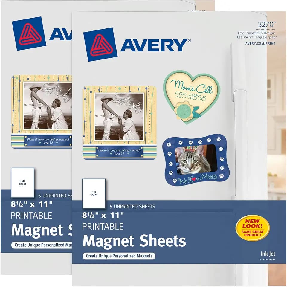Avery® Printable Magnet Sheets, 8.5" x 11", Inkjet Printer, 2 Packs, 10 White Magnetic Sheets Total (5814)