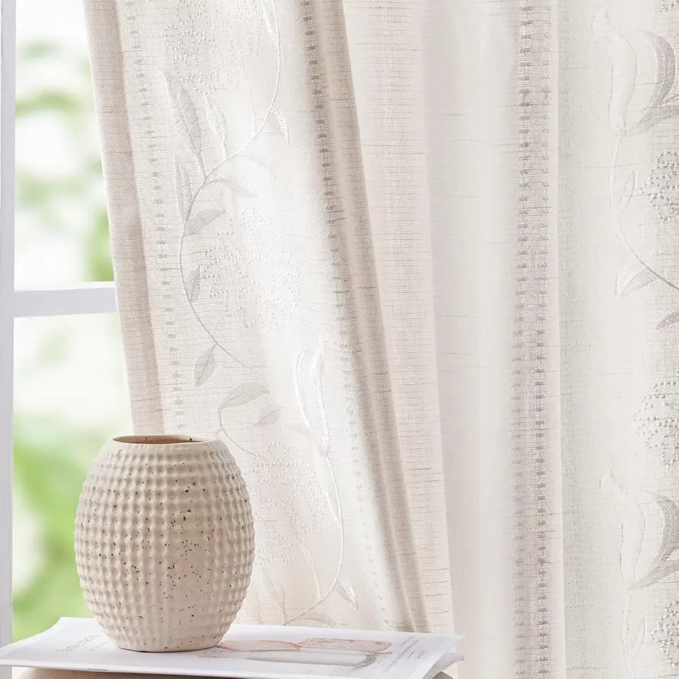 jinchan White Floral Linen Curtains for Living Room 63" Back Tab 2 Panels