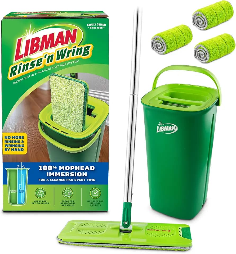 Libman Rinse 'n Wring Mop and Bucket System, 4 Microfiber Pads Included