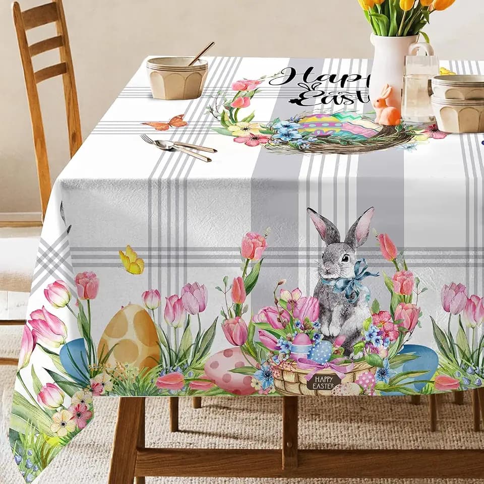Hexagram Easter Table Cloth 60 x 104 Inch, Easter Tablecloth Rectangle Bunny Eggs Truck Tablecloths for Party Home Dinner Decor