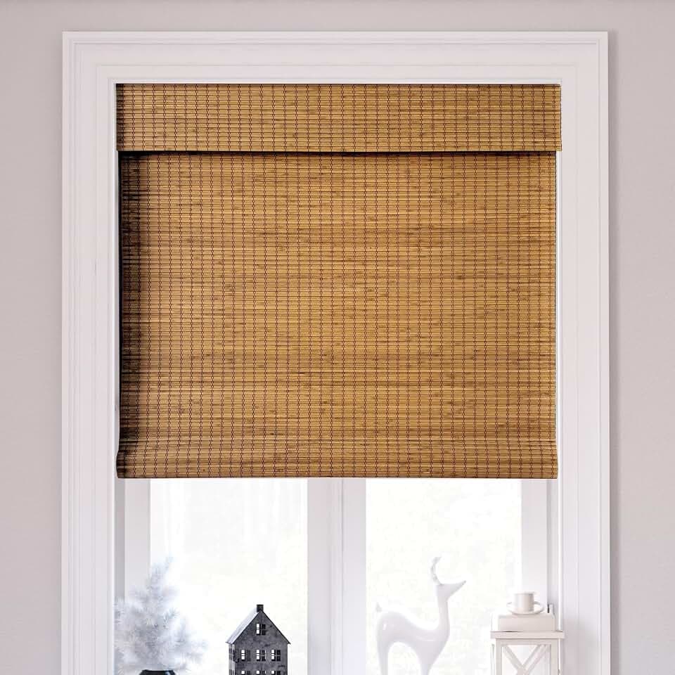Cordless Bamboo Roman Shades 24x64in, Light Filtering Bamboo Blinds for Indoor Windows, Office, Bathroom and Living Room, Privacy Teak.