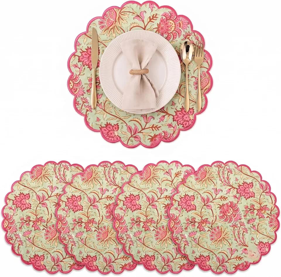 Ridhi Floral Block Print Round Placemats 15 Inch, Set of 4, Pistachio Green