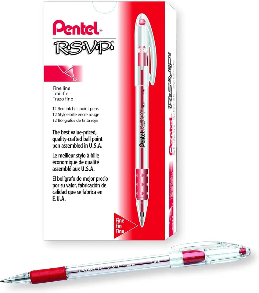 Pentel R.S.V.P. Ballpoint Pen, (0.7mm) Fine Tip, Red Ink, Box of 12 (BK90-B)